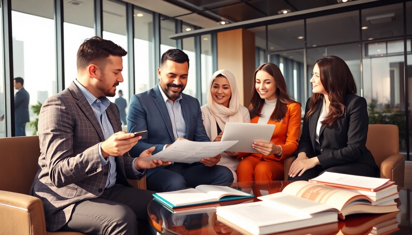 Initiating trademark registration in Dubai with professionals discussing strategy and reviewing documents.