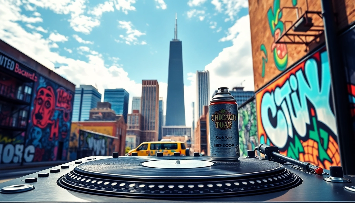 Showcasing Hip-hop mixtapes Chicago with vibrant turntables and iconic city landmarks.