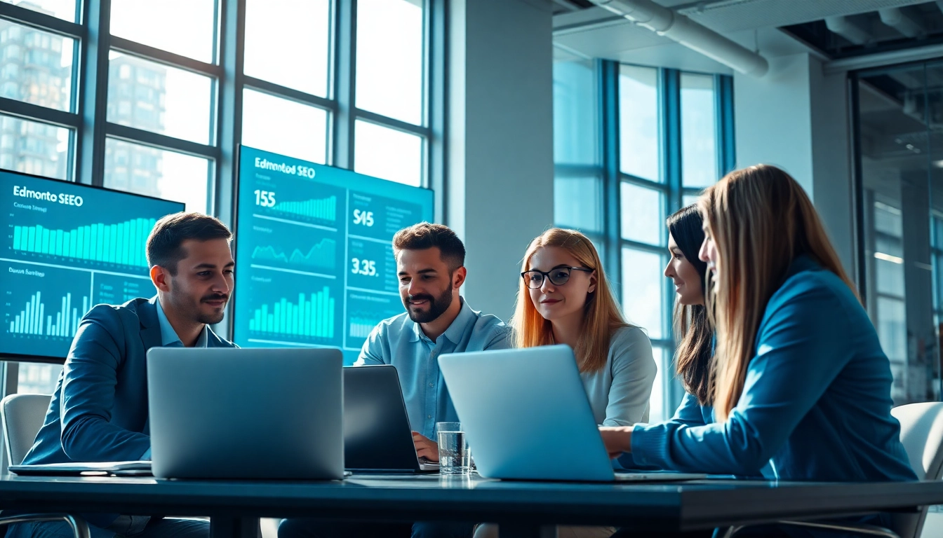 Enhance your Edmonton SEO strategy with a professional marketing team collaborating in a modern office.