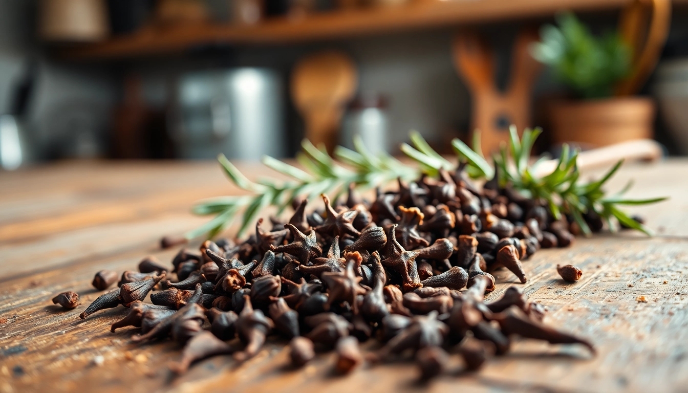 Cloves beautifully displayed on a wooden surface, emphasizing their rich color and texture.