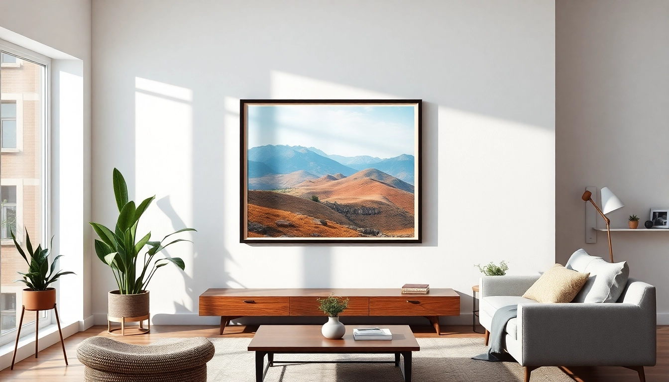 Showcase a 24x36 frame displaying a vibrant landscape photo in a modern living room.