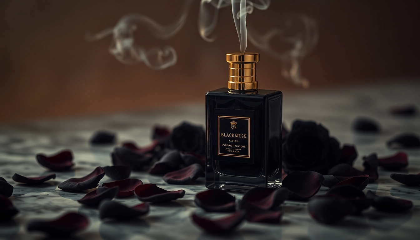 Voyez le parfum Black musk entouré de pétales de rose noire, évoquant l'élégance et le mystère.