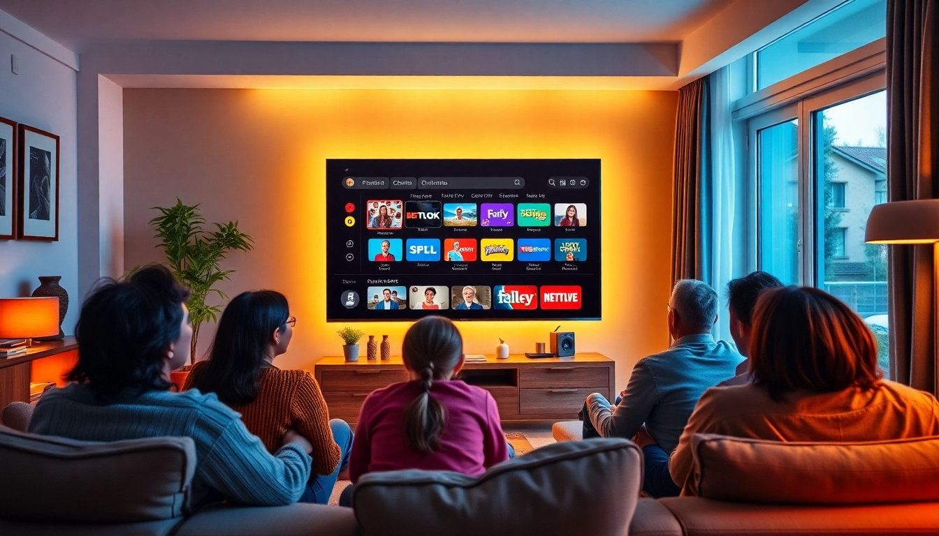 Enjoying IPTV Subscription USA on a stylish TV with family, showcasing diverse channels.