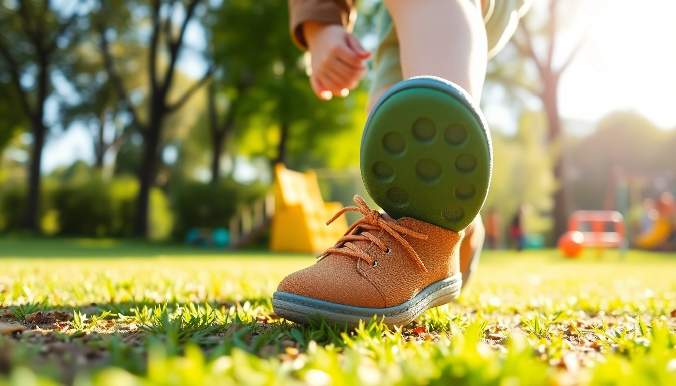 Kind trägt Barfußschuhe Kinder und spielt fröhlich im Freien.