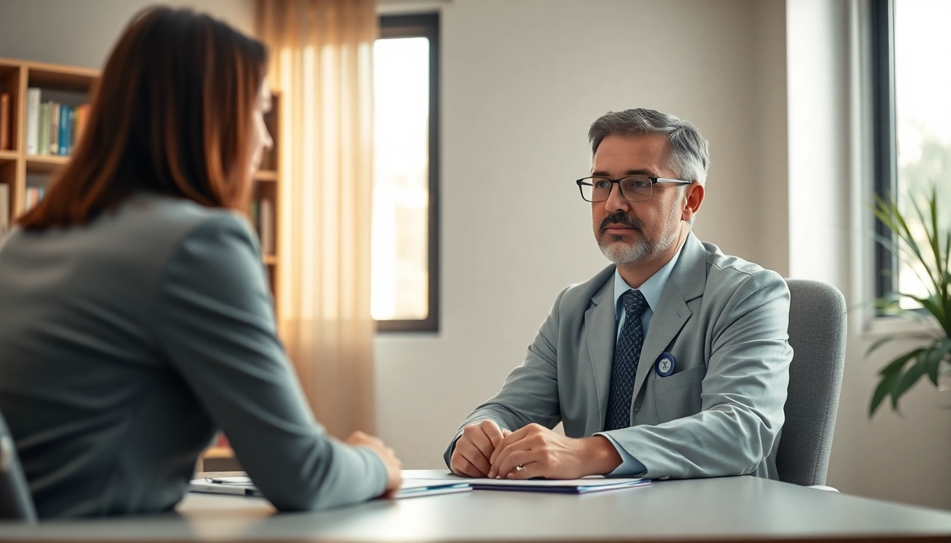 Psychiatrist consulting with a patient in a serene office environment, showcasing professionalism.