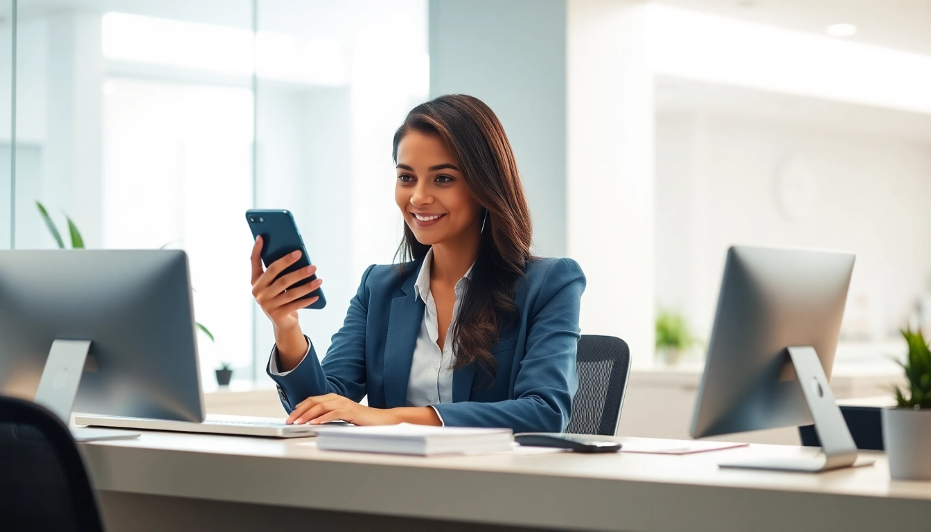 Receptionist handling Phone Answering Calls with a warm smile in a professional setting.