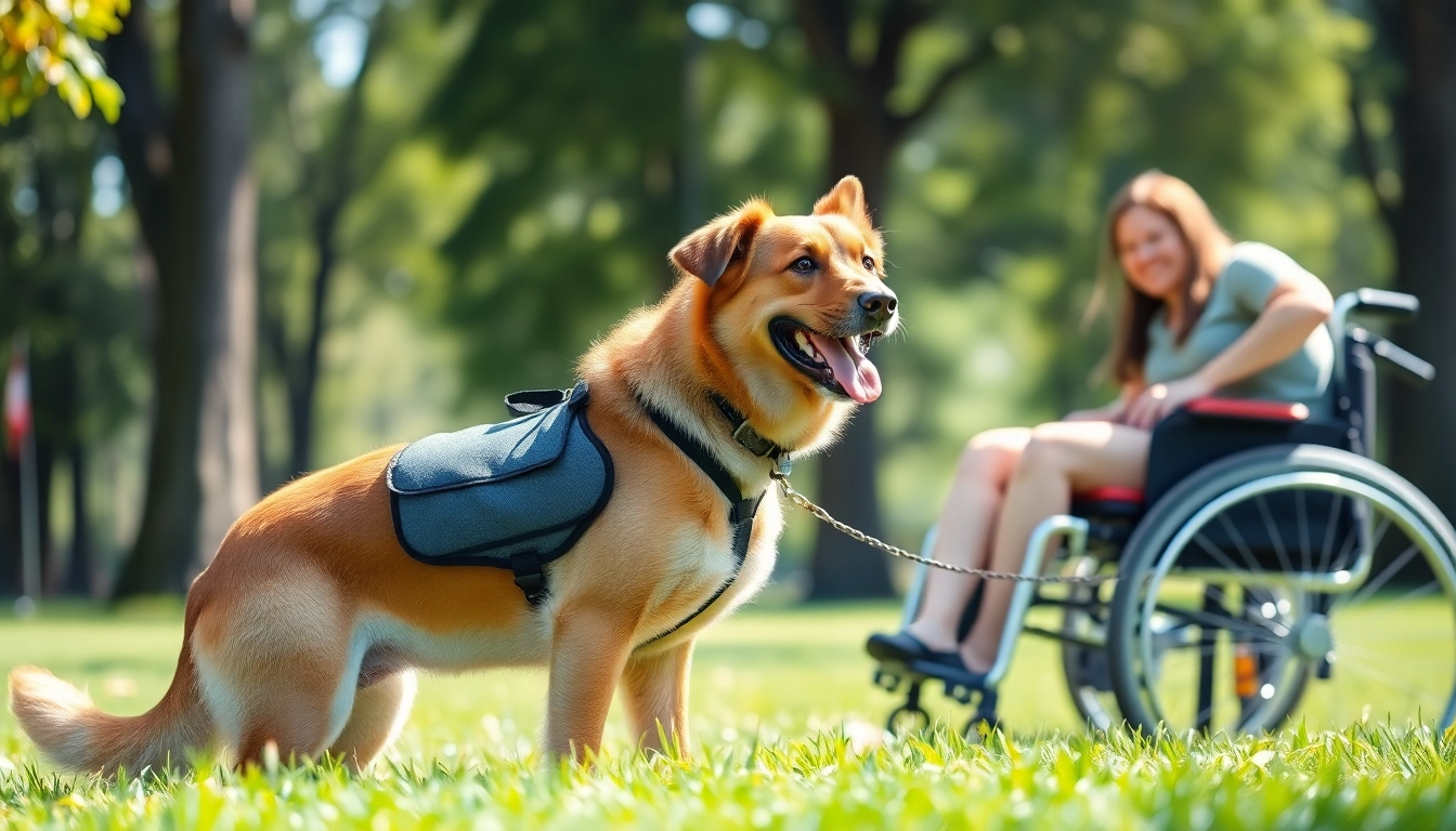 Buy a service dog assisting an individual in a wheelchair in a sunny park setting.