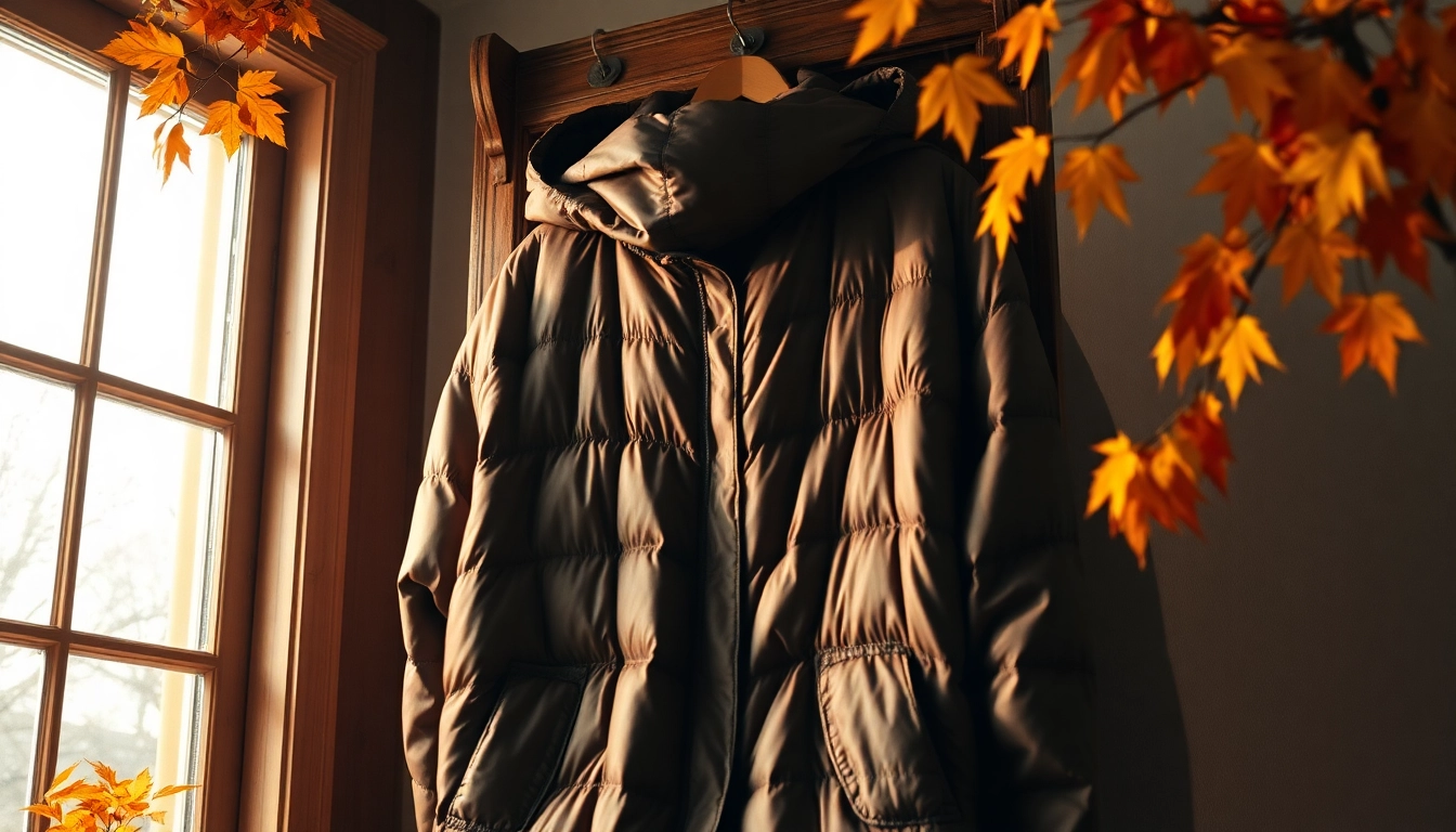 Stylish Oversize Puffer Jacket showcased on a coat rack amidst autumn leaves in a warm room.