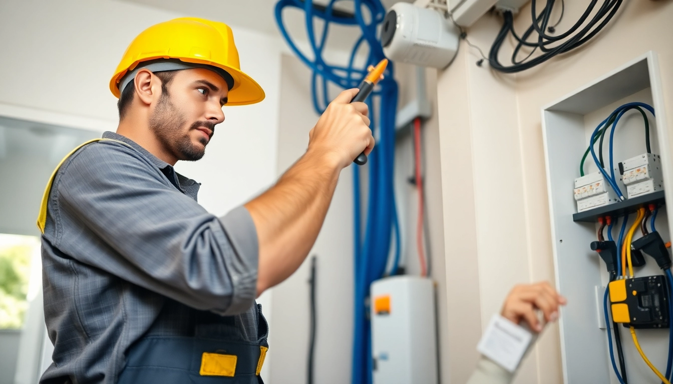 Electrical Service technician installing modern wiring equipment expertly in a bright residential setting.