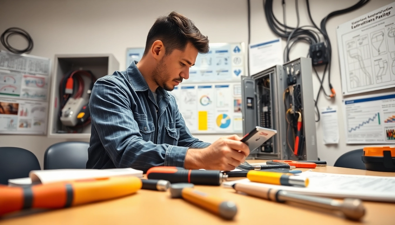 Electrician apprenticeship hawaii featuring a focused apprentice working with electrical panels in a bright classroom.