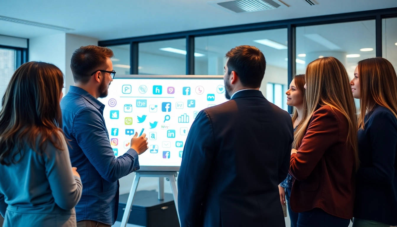 Showcasing a team collaborating on edmonton social media marketing strategies in a modern office.