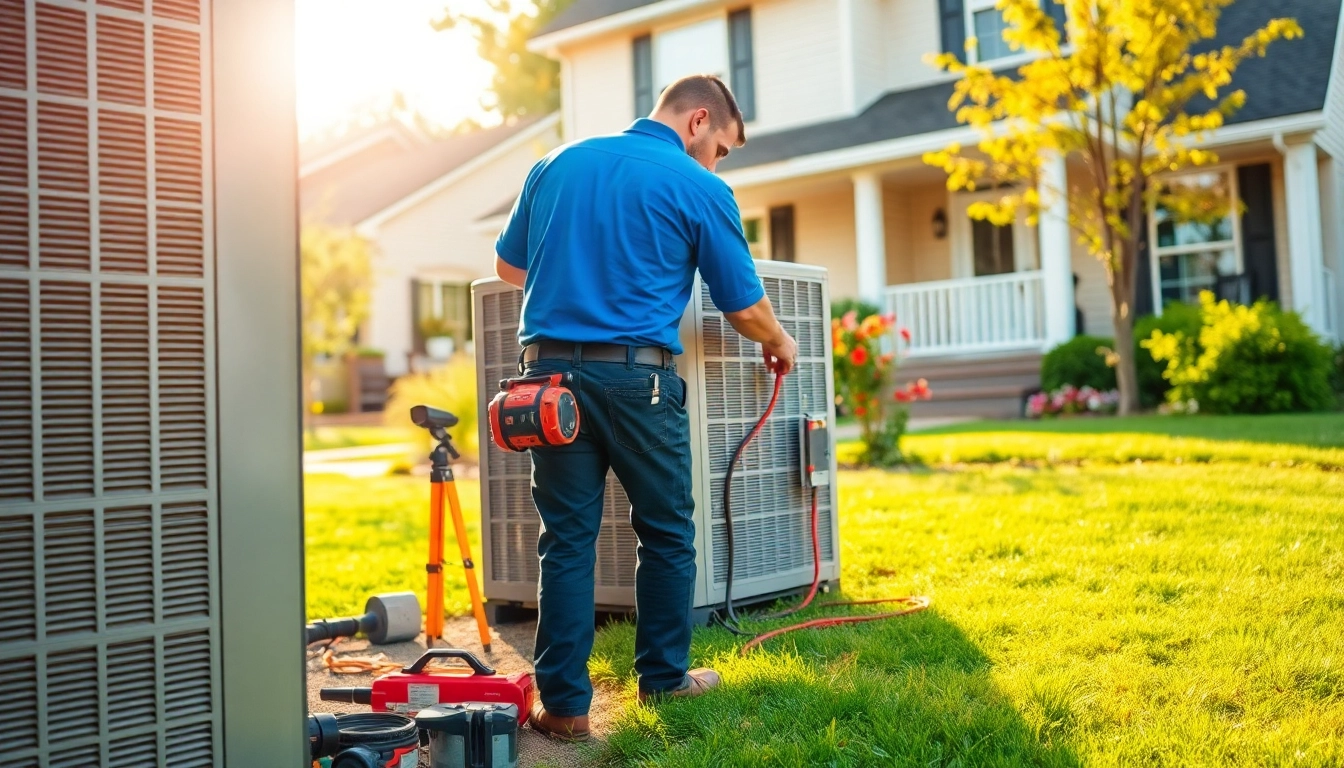 Emergency HVAC repair Franklin TN technician fixing air conditioning unit in suburban setting.