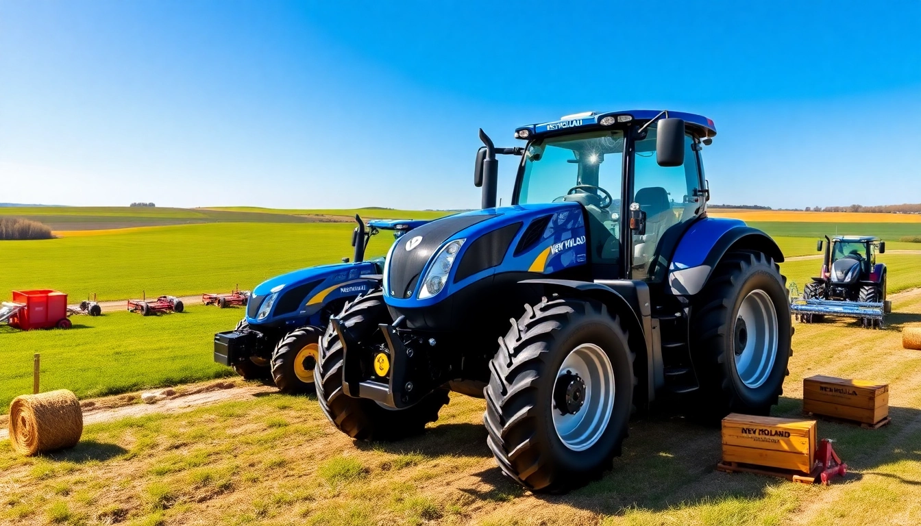 New Holland Traktoren in einer sonnigen Feldlandschaft präsentieren die neuesten Agrartechnologien.