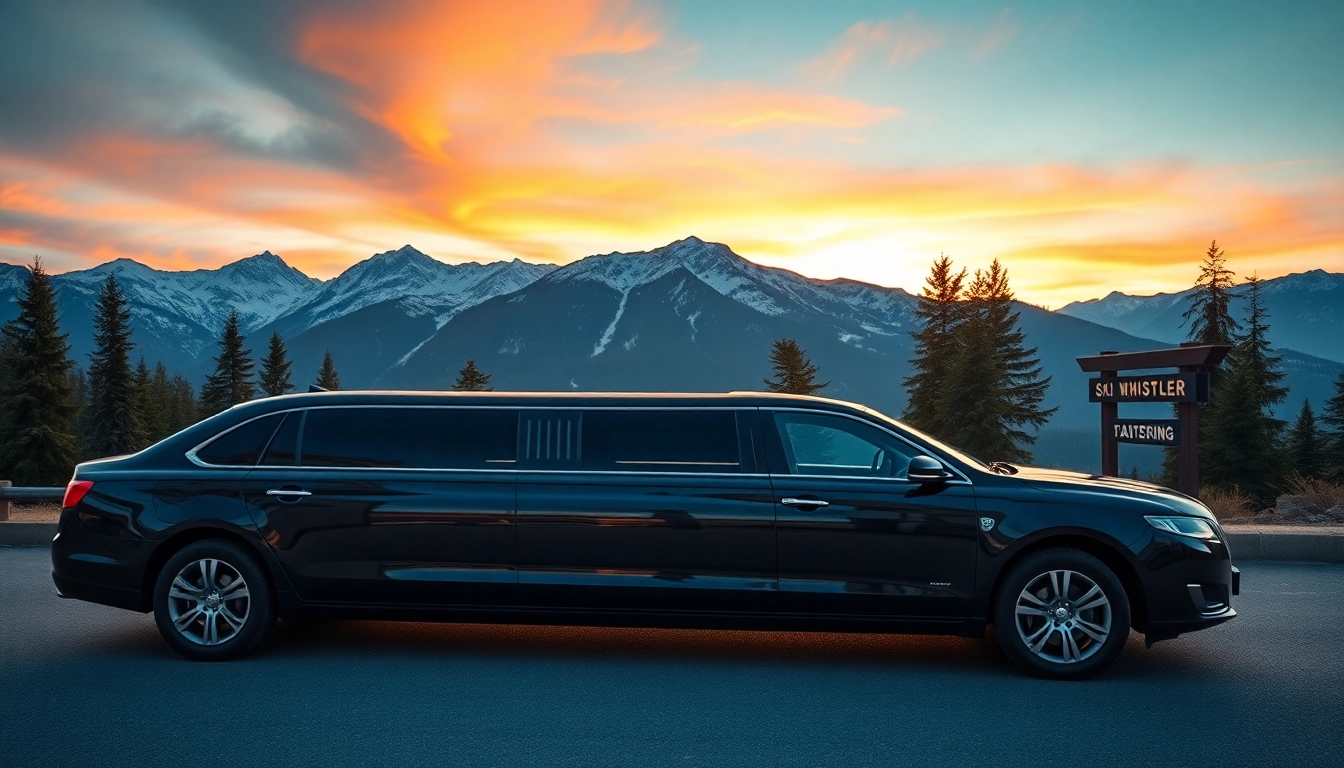 Whistler limo parked on a picturesque road with mountains in the background, showcasing luxury travel.