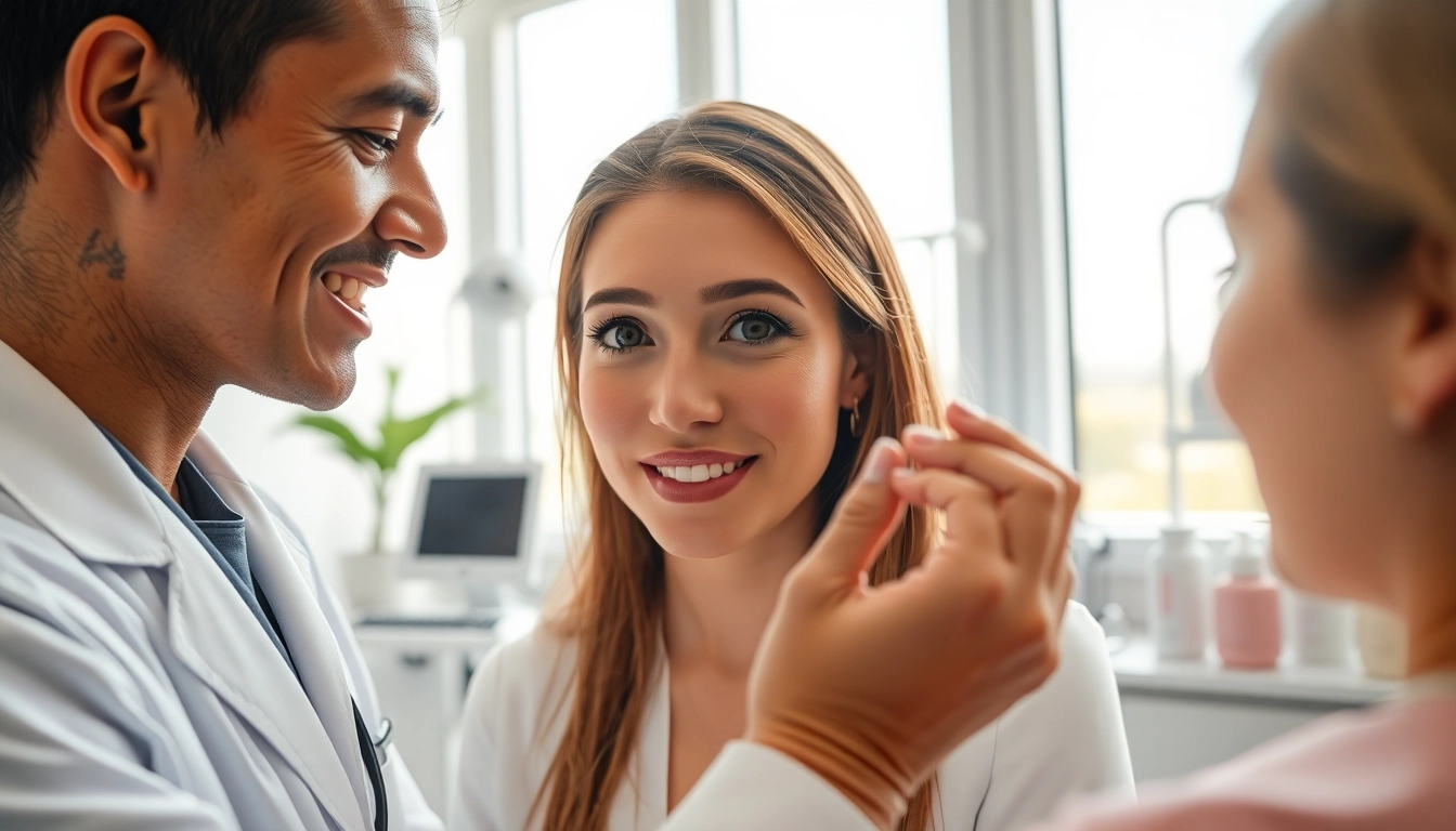 Dermatologist addressing aesthetic skin concerns with care in a bright clinical environment.