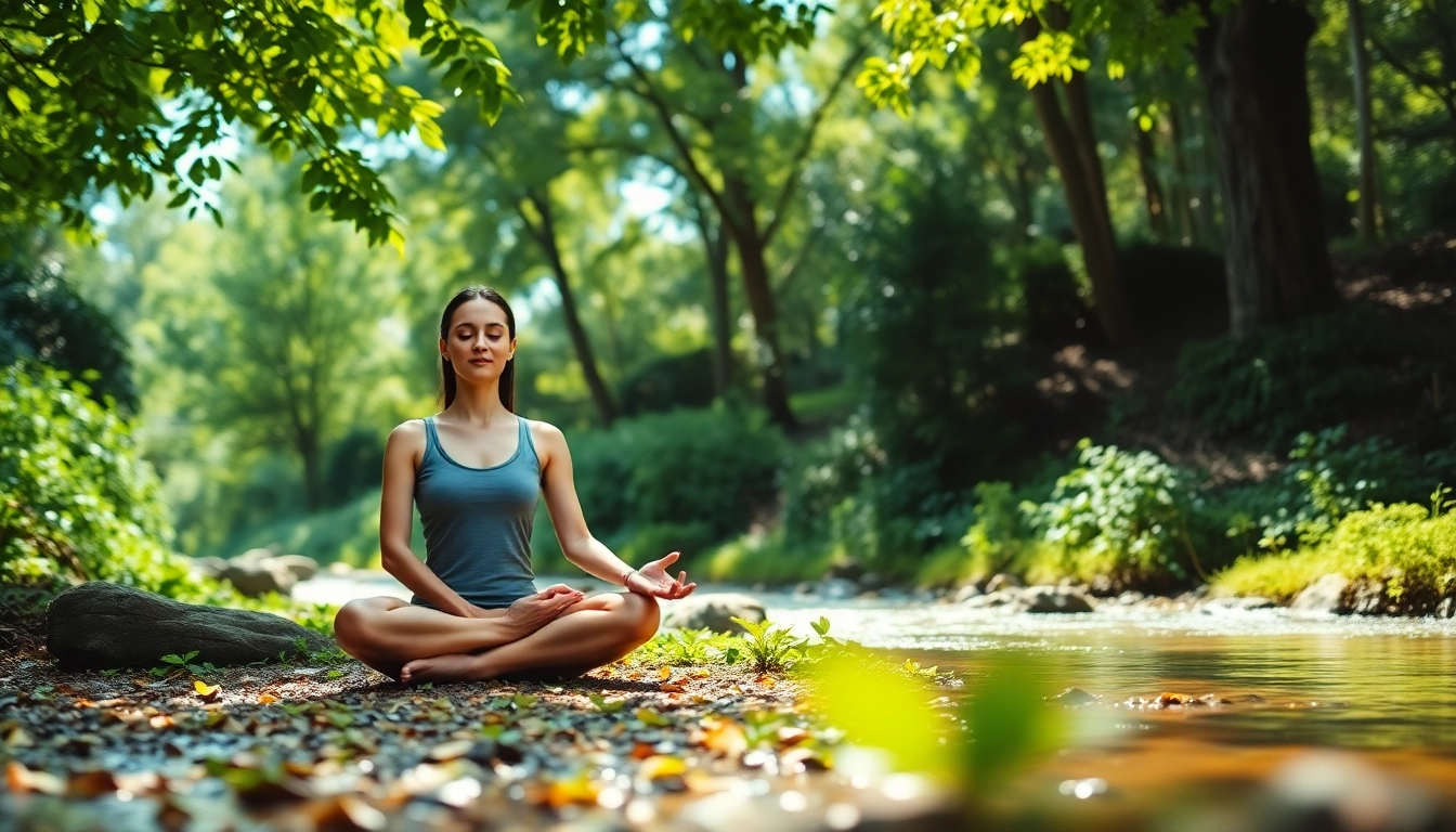 Practitioner meditating with yoga mantras amidst serene nature, embodying peace and focus.