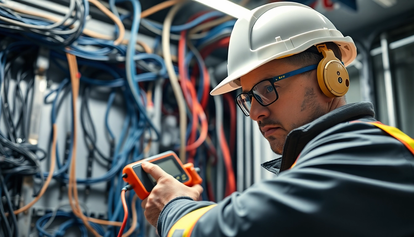 Electrical Contractor expertly working on a complex wiring system in a modern industrial environment.