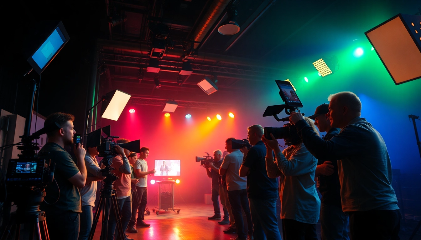 Capturing the dynamic essence of 영상프로덕션 on a bustling film set with diverse crew members.