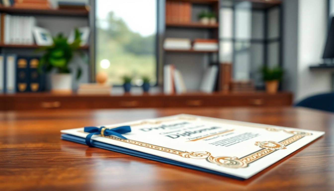 Showcase of the best fake diplomas on an elegant desk with warm lighting and decorative elements.