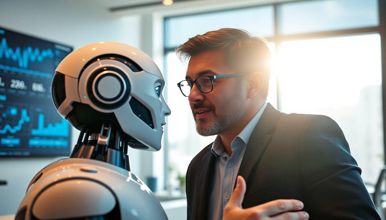 Engaging ai chat bot assisting a user in a modern office setting with digital analytics.
