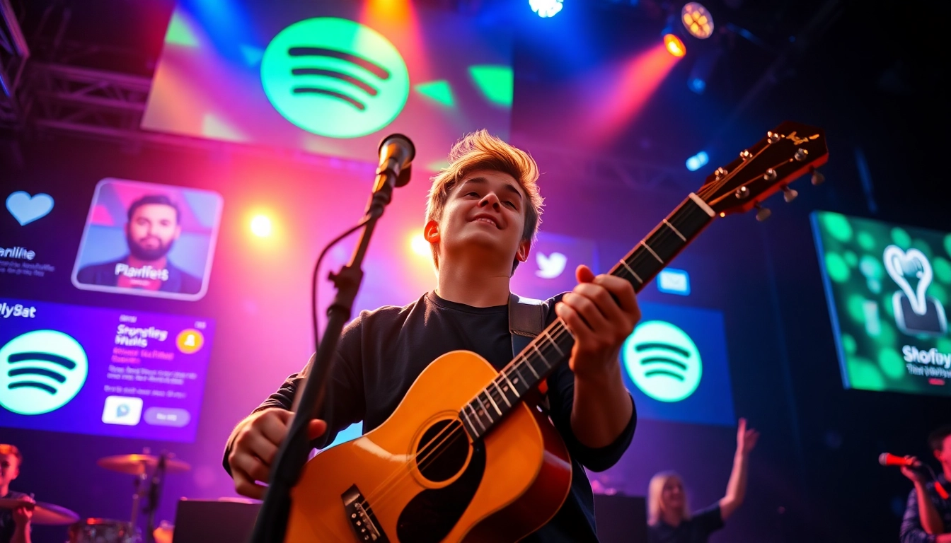 Engage with vibrant Spotify promotion visuals showing a musician performing and playlist highlights.