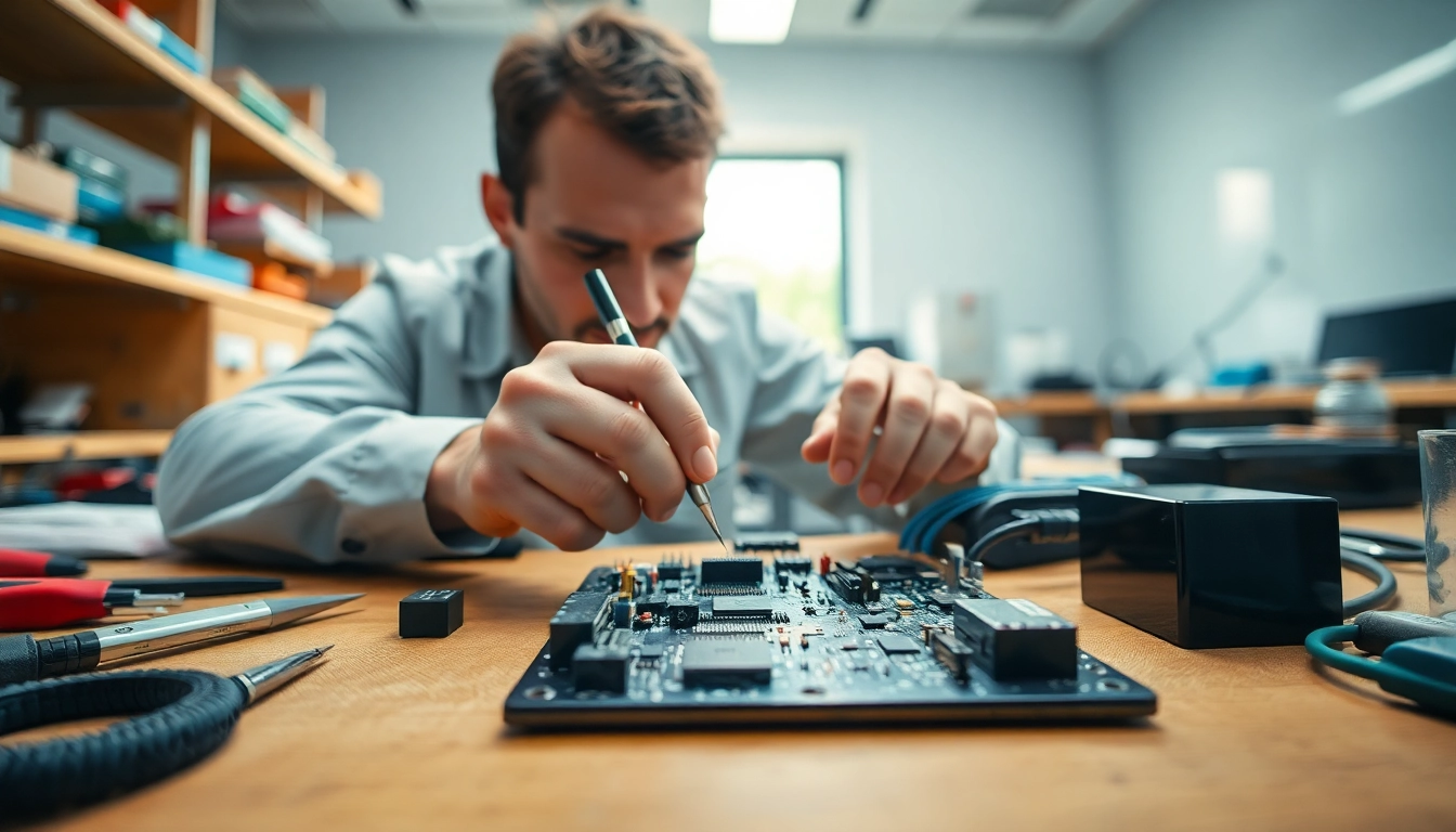 Technician assembling components of dma firmware on a circuit board in a modern lab.