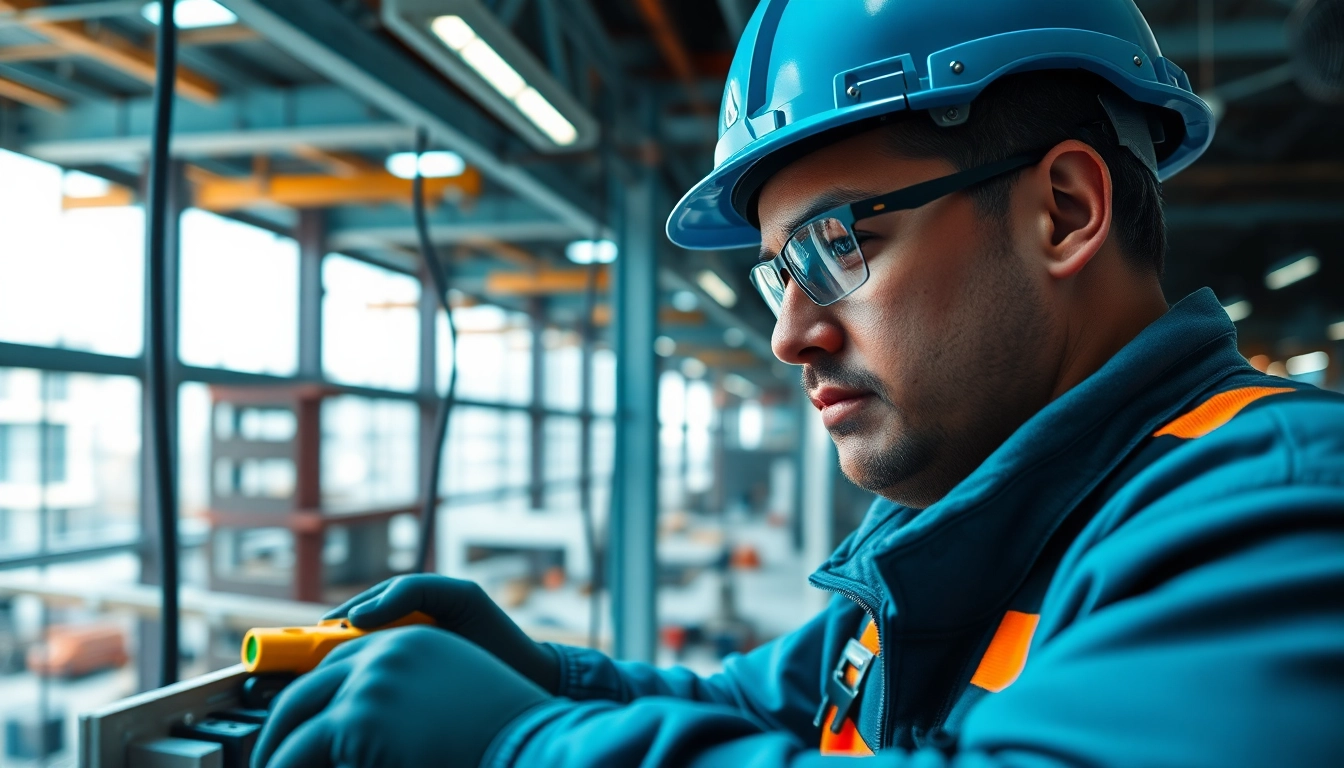 Electrical Contractor diligently installing systems at a commercial construction site with advanced tools.