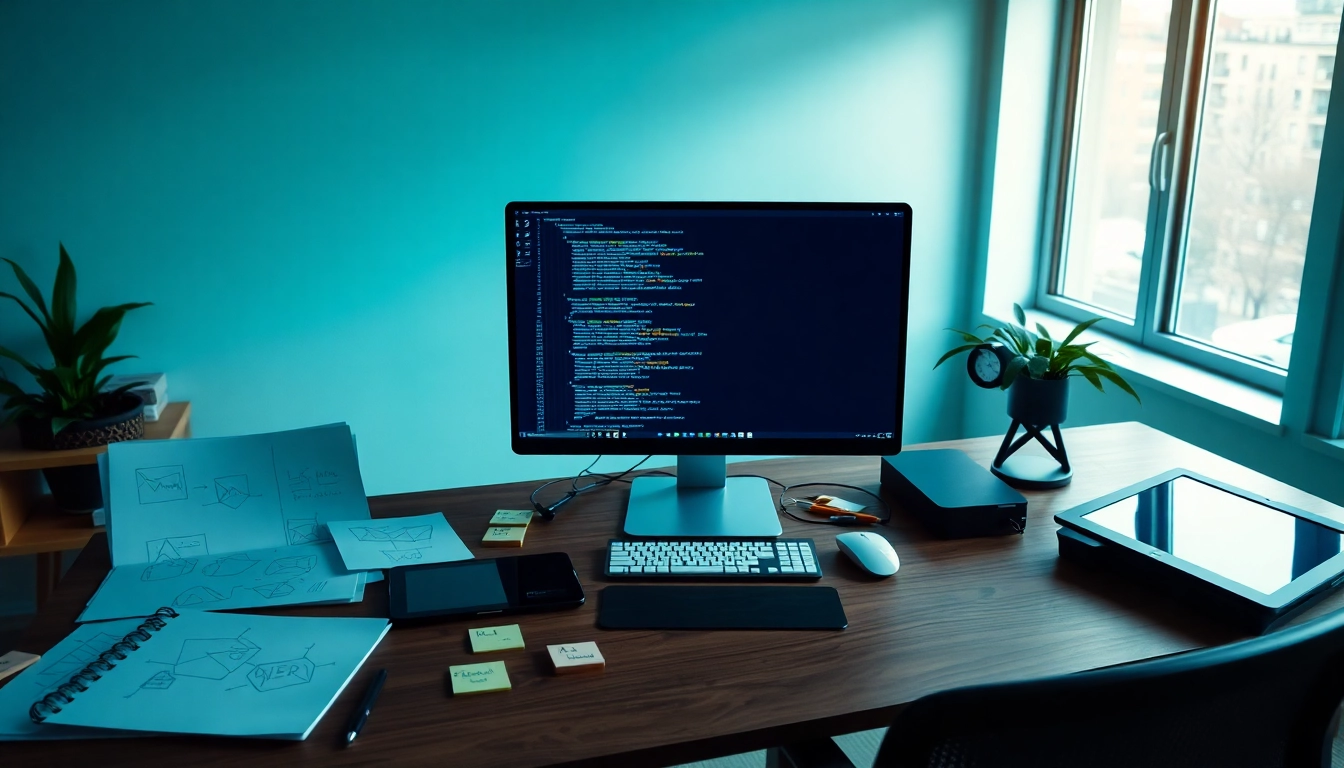 Showcasing web development tools and workspace with organized coding setup in bright ambiance.