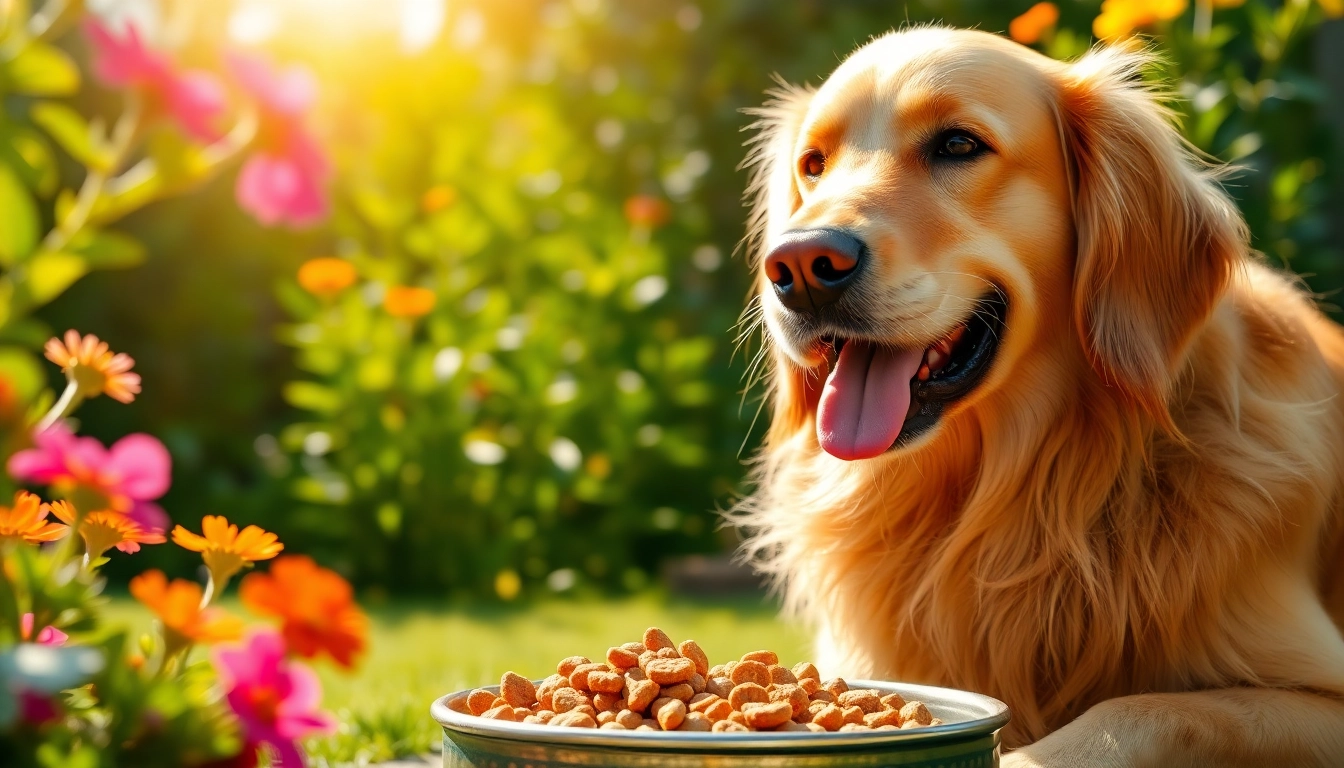 Golden retriever relishing nature's blend dog food canada in a lush garden setting.