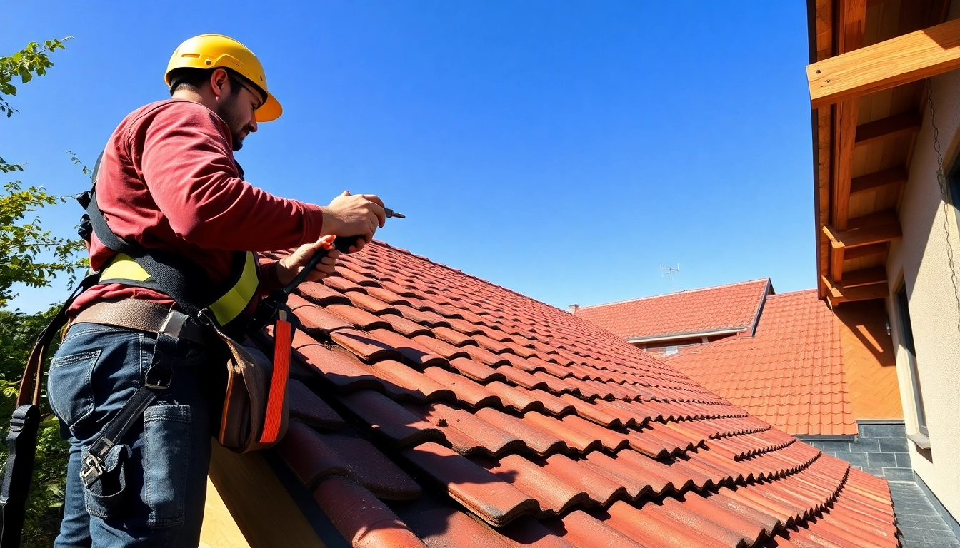 Expert dakdekker heveadorp repairing roof tiles with precision and safety.