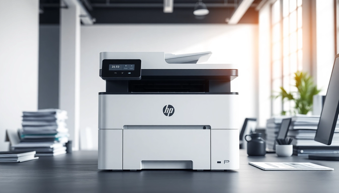Showcasing HP Printer in a modern office, highlighting sleek design and efficient workspace.