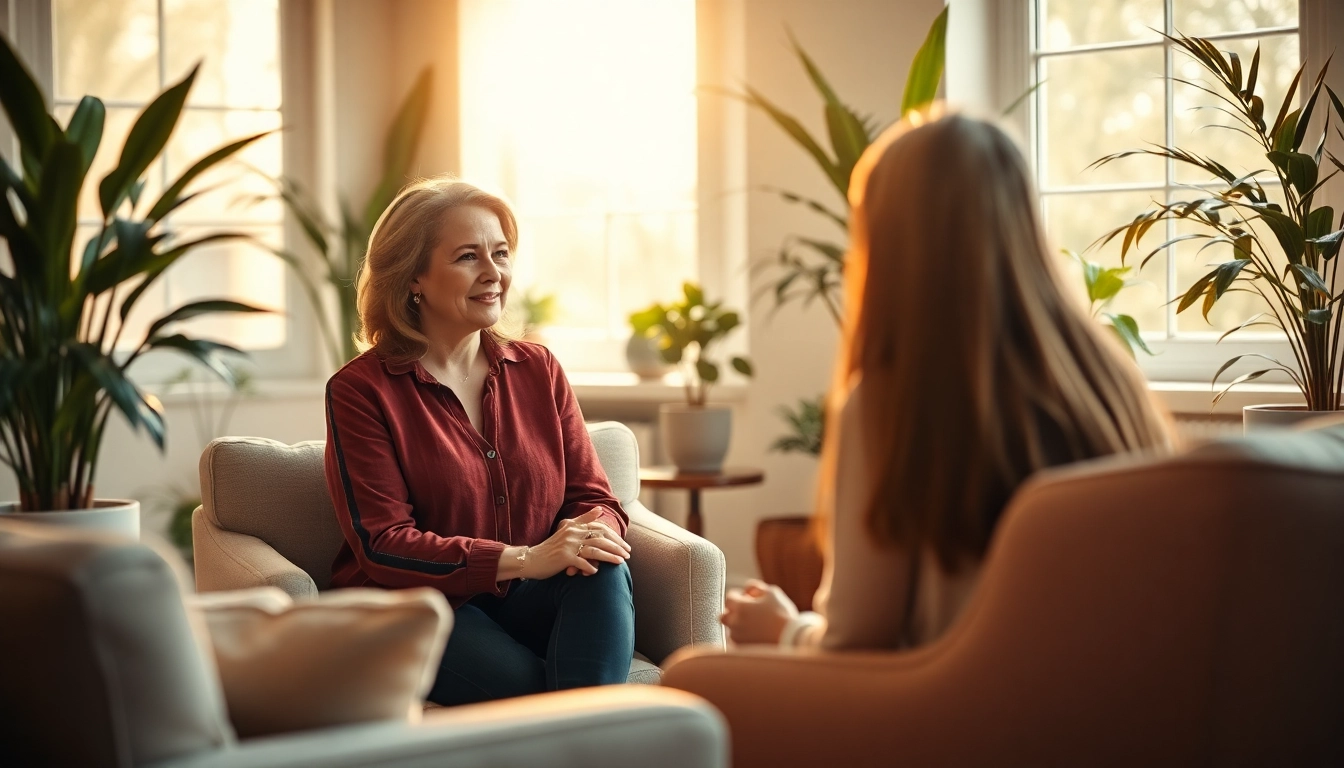 Counselling session with a therapist engaging a client in a warm office environment.